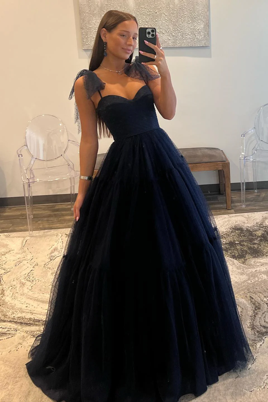 Dark Navy Bow Tie Shoulder Tulle A-line Long Prom Dress,DP1175