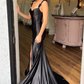 Black Satin Straps Mermaid Long Prom Dress with Slit,DP1176