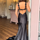 Black Satin Straps Mermaid Long Prom Dress with Slit,DP1176