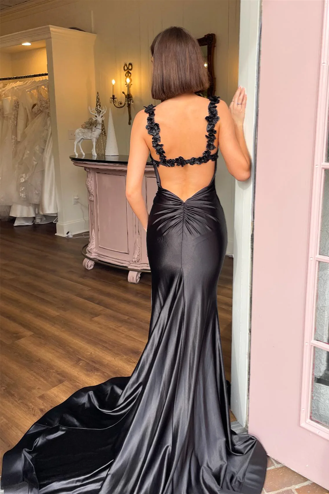 Black Satin Straps Mermaid Long Prom Dress with Slit,DP1176