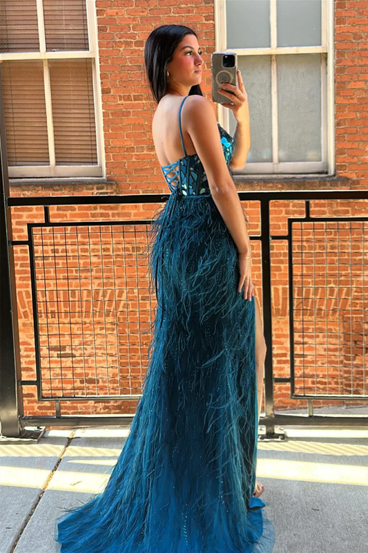 Ink Blue Mirror-Cut Sequined Feathered Long Prom Dress with Slit,DP1177