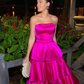 Fuchsia Strapless A-Line Satin Layers Long Prom Dress,DP1178