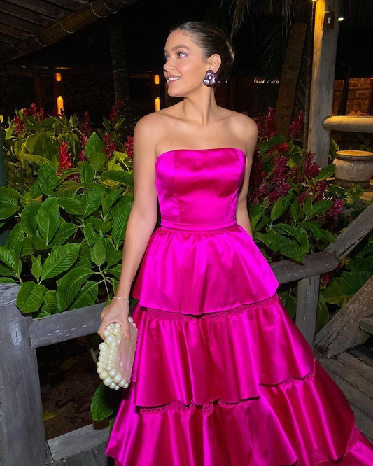 Fuchsia Strapless A-Line Satin Layers Long Prom Dress,DP1178