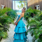 Blue Satin Strapless Tiered Long Prom Dress,DP1180