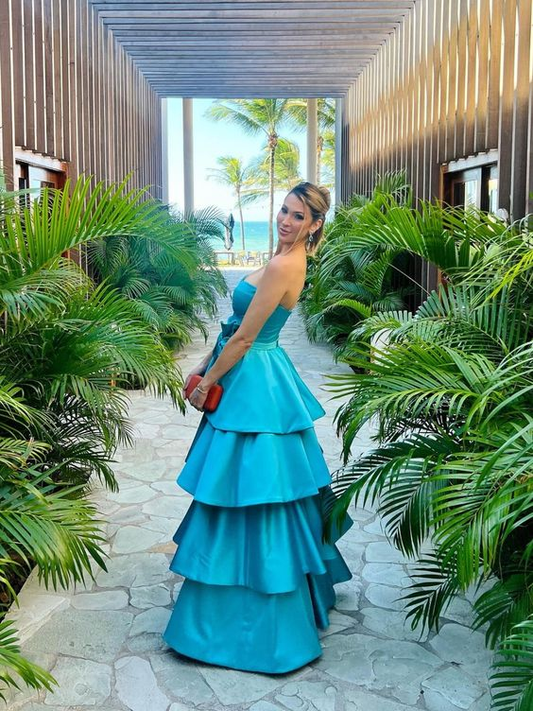 Blue Satin Strapless Tiered Long Prom Dress,DP1180