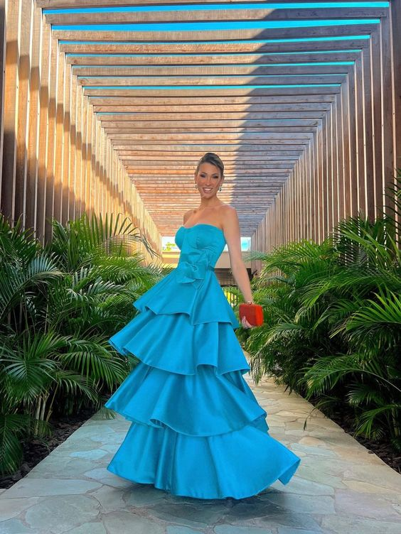 Blue Satin Strapless Tiered Long Prom Dress,DP1180