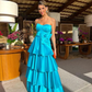 Blue Satin Strapless Tiered Long Prom Dress,DP1180