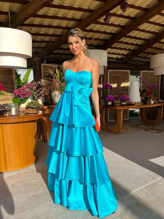 Blue Satin Strapless Tiered Long Prom Dress,DP1180