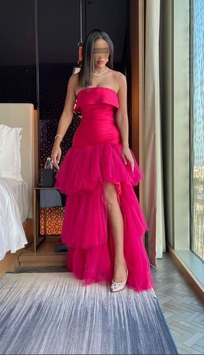 Hot Pink A-Line Strapless Tulle Tiered Long Party Dress,DP1184