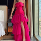 Hot Pink A-Line Strapless Tulle Tiered Long Party Dress,DP1184