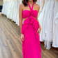 Hot Pink A-Line Halter Cut Out Long Party Dress with Ruffles,DP1183