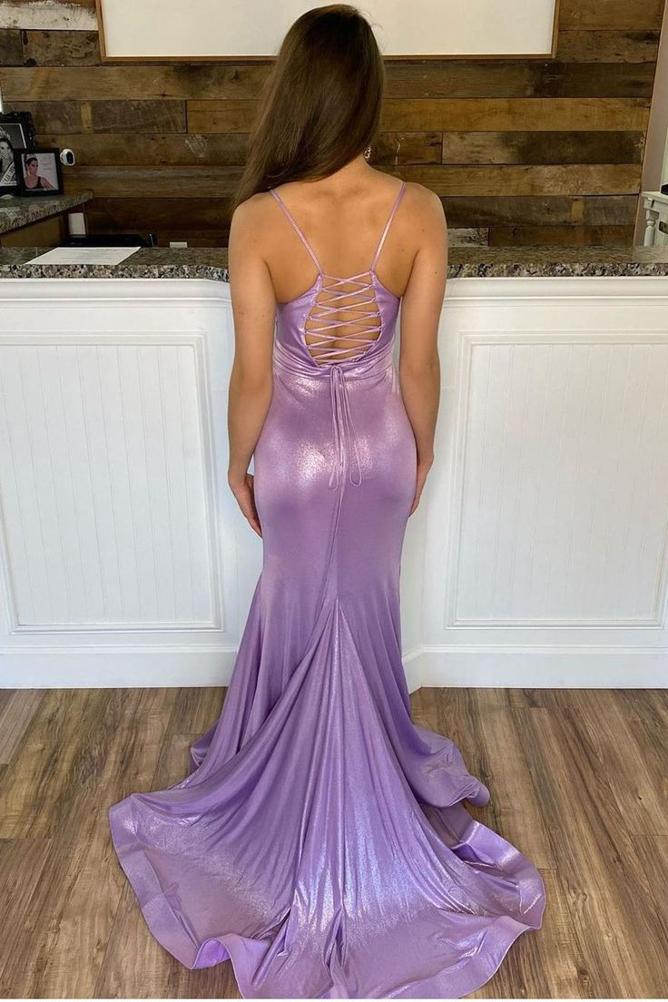 Lilac Spaghetti Straps V Neck Mermaid Long Prom Dress,DP1187