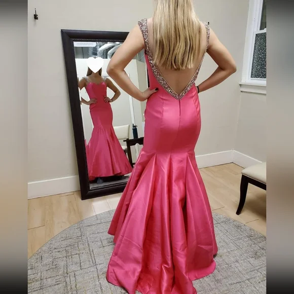 Sweet Hot Pink Backless Beading Mermaid Long Prom Dress,DP1188