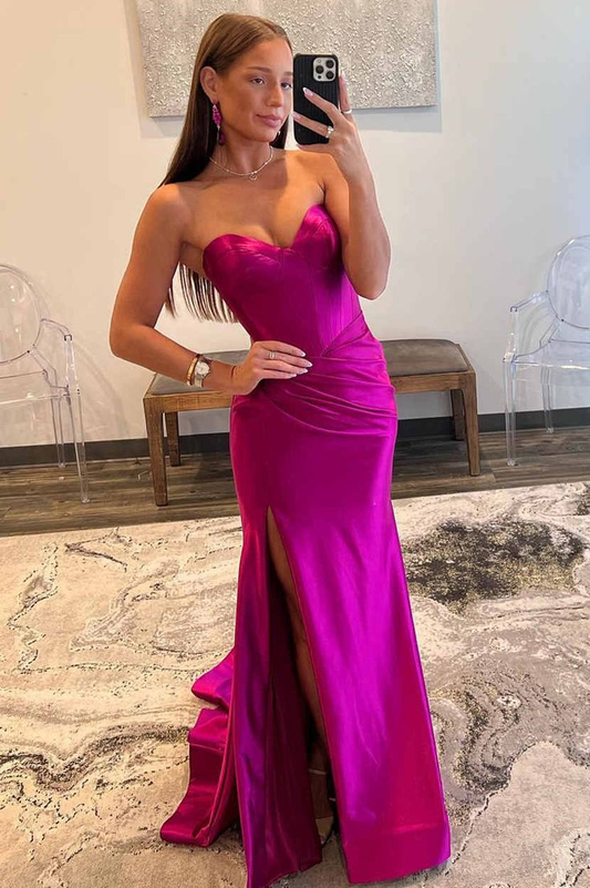 Fuchsia Sweetheart Strapless Satin Long Prom Dress with Slit,DP1189