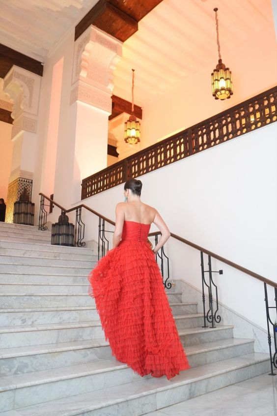 Rust Red Strapless A-Line Tulle Tiered Long Prom Dress,DP1191