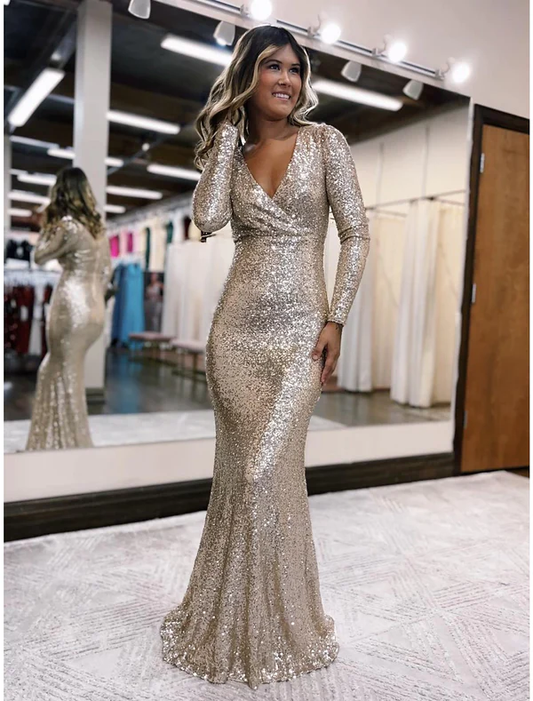 Silver Sequined V Neck Long Sleeves Mermaid Long Prom Dress,DP1201