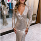 Silver Sequined V Neck Long Sleeves Mermaid Long Prom Dress,DP1201