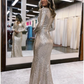 Silver Sequined V Neck Long Sleeves Mermaid Long Prom Dress,DP1201