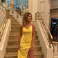 Yellow Satin Sheath Long Prom Dress with Slit,DP1202