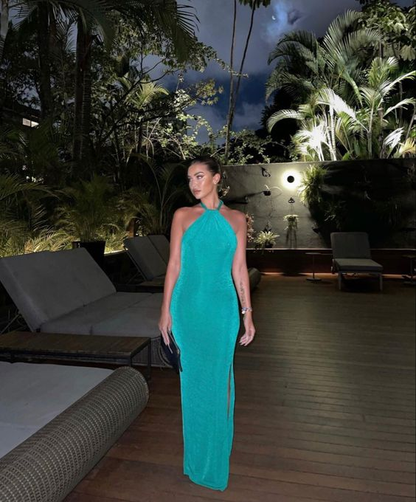 Simple Green Halter Long Evening Dress with Slit,DP1204