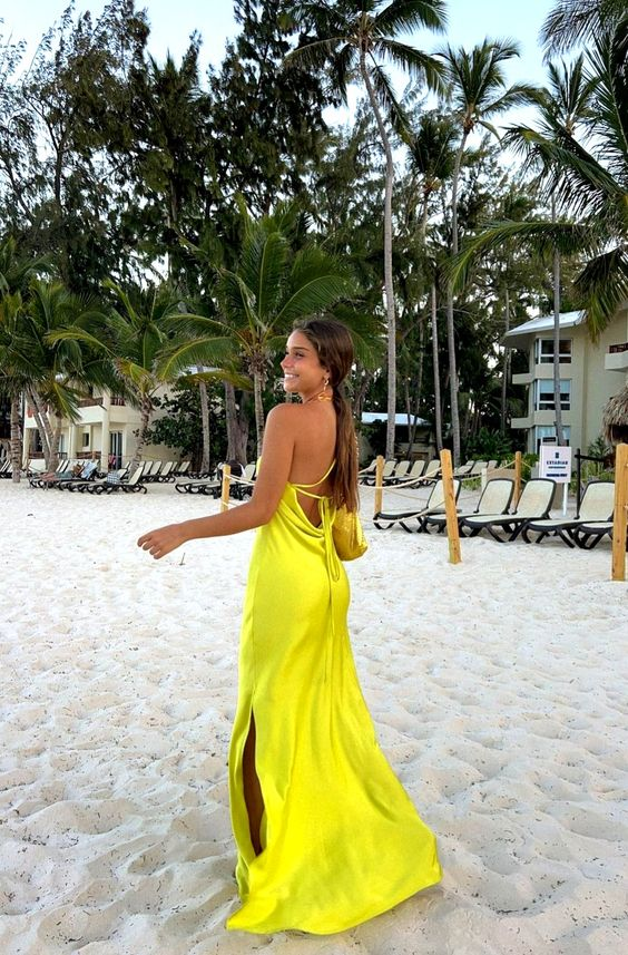 Yellow Halter Backless Party Dress Wedding Guest Dress with Slit,DP1209