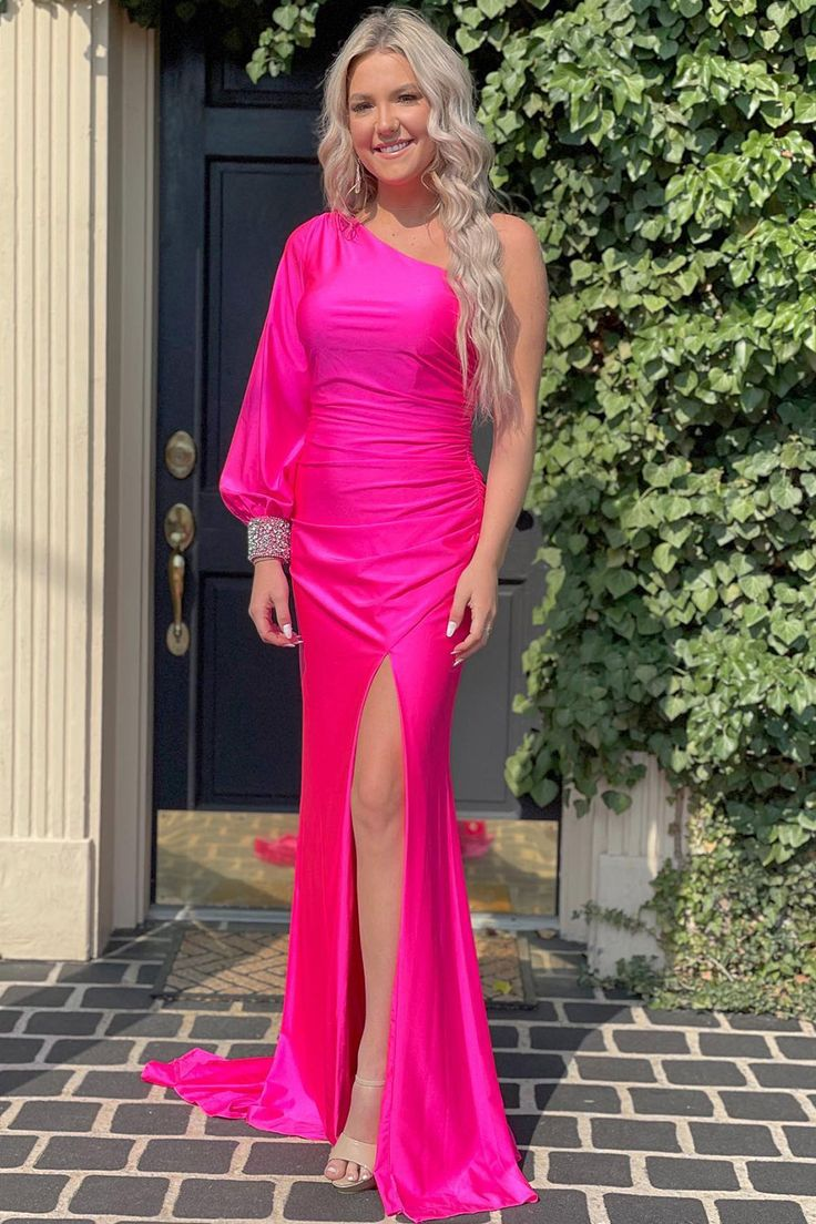 Fuchsia Satin One Shoulder Long Prom Dress with Slit,DP1211