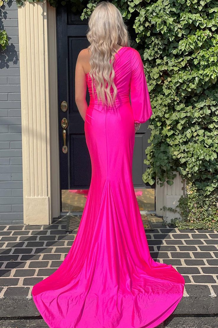 Fuchsia Satin One Shoulder Long Prom Dress with Slit,DP1211