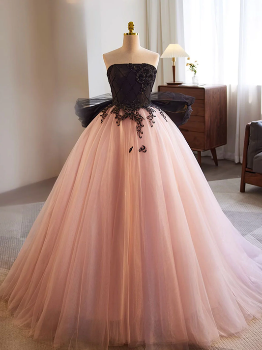 Pink A-Line Tulle Lace Appliques Long Formal Prom Dress,DP1217