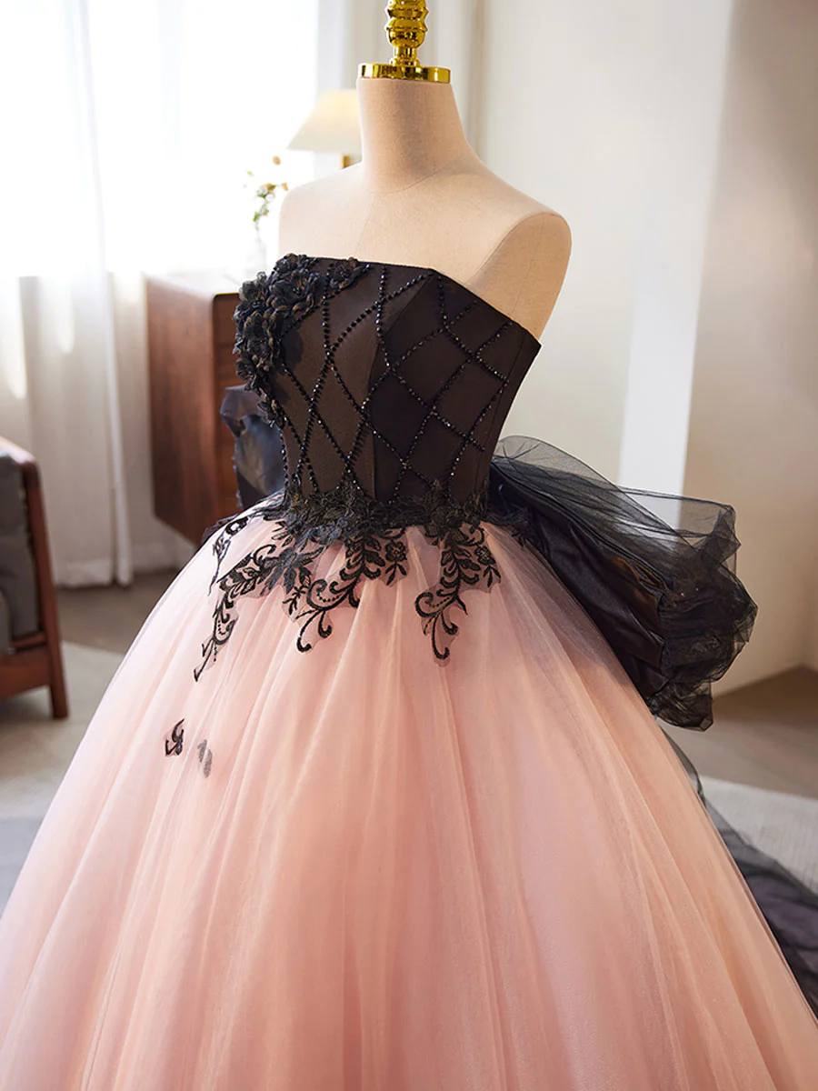 Pink A-Line Tulle Lace Appliques Long Formal Prom Dress,DP1217