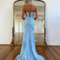 Blue Sweetheart Neck Tulle Mermaid Appliques Long Prom Dress,DP1218