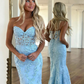 Blue Sweetheart Neck Tulle Mermaid Appliques Long Prom Dress,DP1218