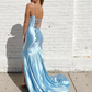 Simple V Neck Mermaid Blue Long Prom Dress with Slit,DP1219