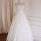 White A-Line Strapless Tulle Lace Long Prom Dress Formal Party Dress,DP1220