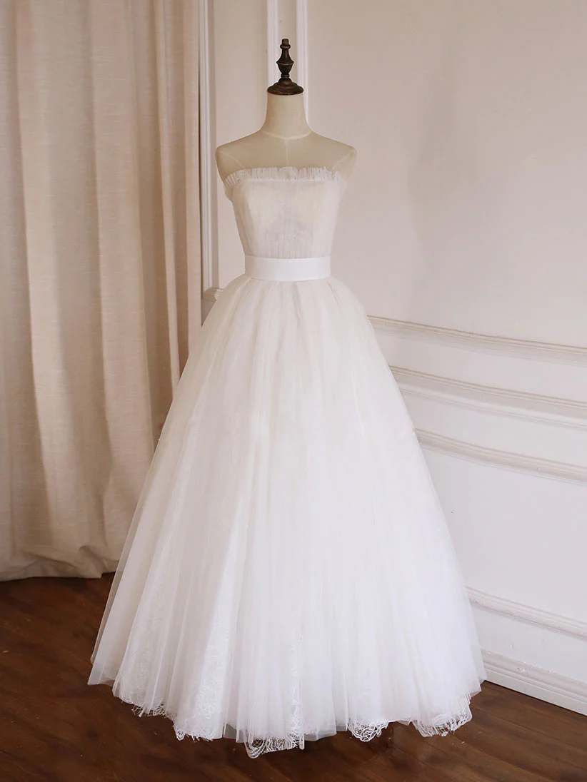 White A-Line Strapless Tulle Lace Long Prom Dress Formal Party Dress,DP1220