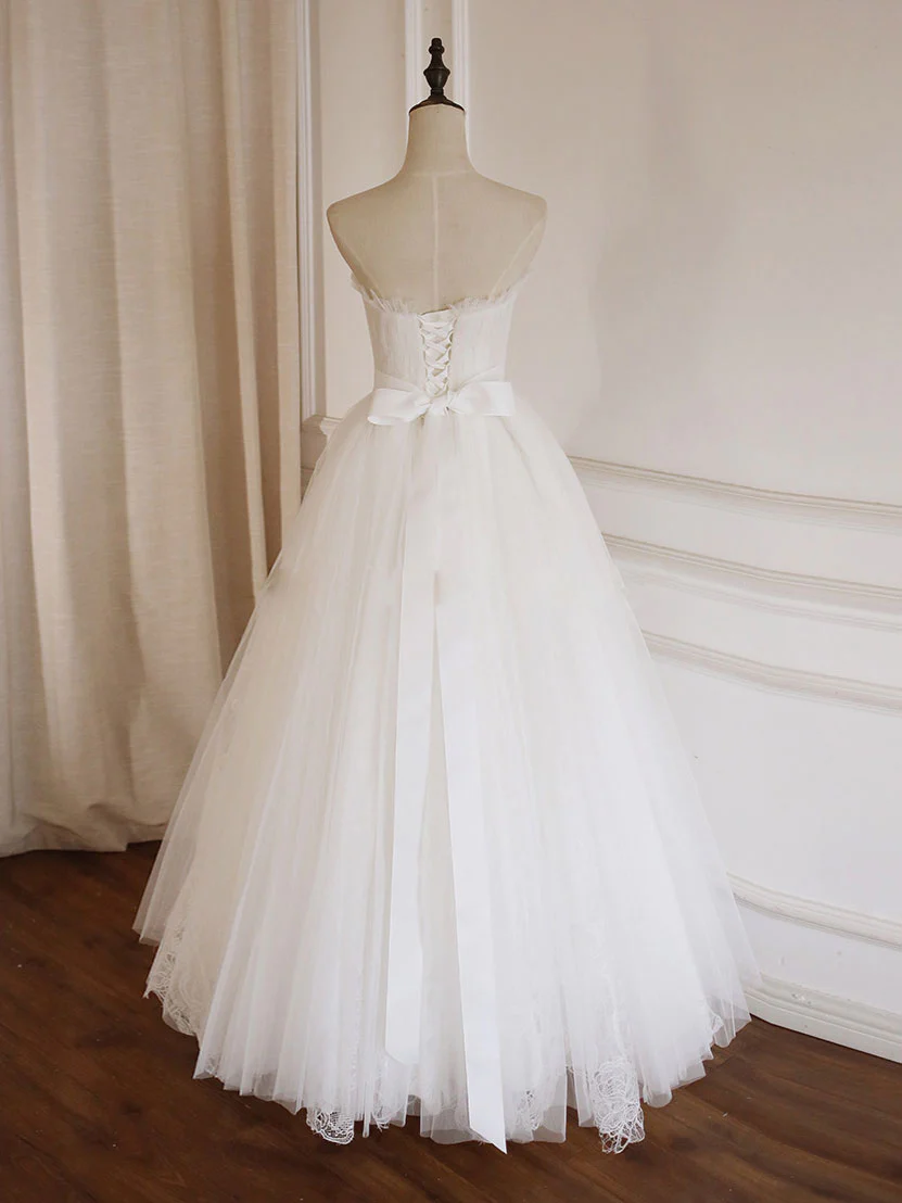 White A-Line Strapless Tulle Lace Long Prom Dress Formal Party Dress,DP1220