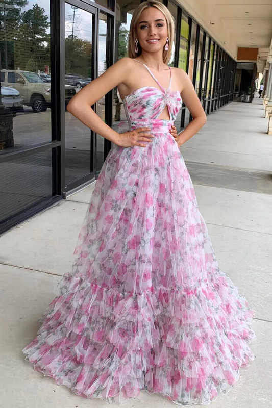 Pink Printed Halter Keyhole A-Line Long Prom Dress,DP1225