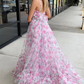 Pink Printed Halter Keyhole A-Line Long Prom Dress,DP1225