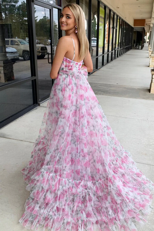 Pink Printed Halter Keyhole A-Line Long Prom Dress,DP1225