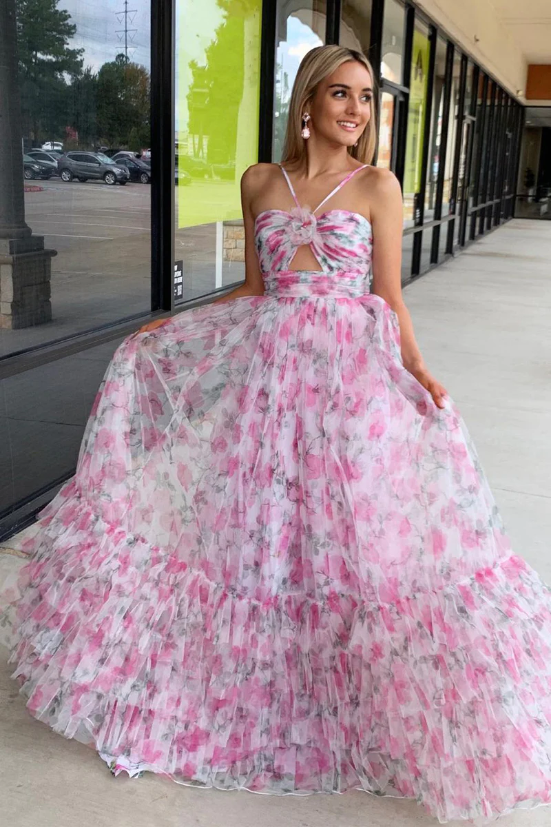 Pink Printed Halter Keyhole A-Line Long Prom Dress,DP1225