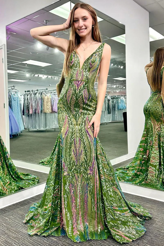 Grape V Neck Sequin Backless Mermaid Long Prom Dresses,DP1226