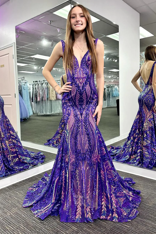 Grape V Neck Sequin Backless Mermaid Long Prom Dresses,DP1226