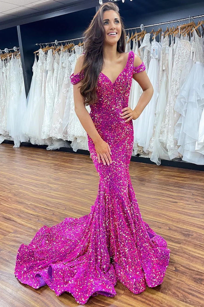 Fuchsia Off-the-Shoulder Sequins Mermaid Long Prom Dress,DP1227