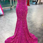 Fuchsia Off-the-Shoulder Sequins Mermaid Long Prom Dress,DP1227