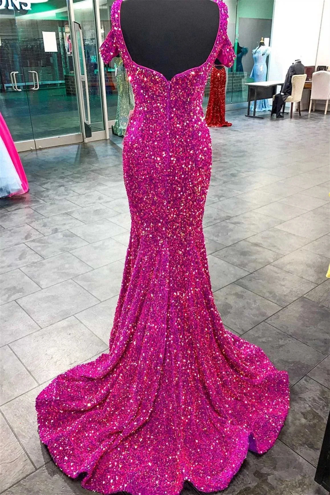 Fuchsia Off-the-Shoulder Sequins Mermaid Long Prom Dress,DP1227