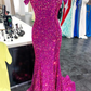 Fuchsia Off-the-Shoulder Sequins Mermaid Long Prom Dress,DP1227