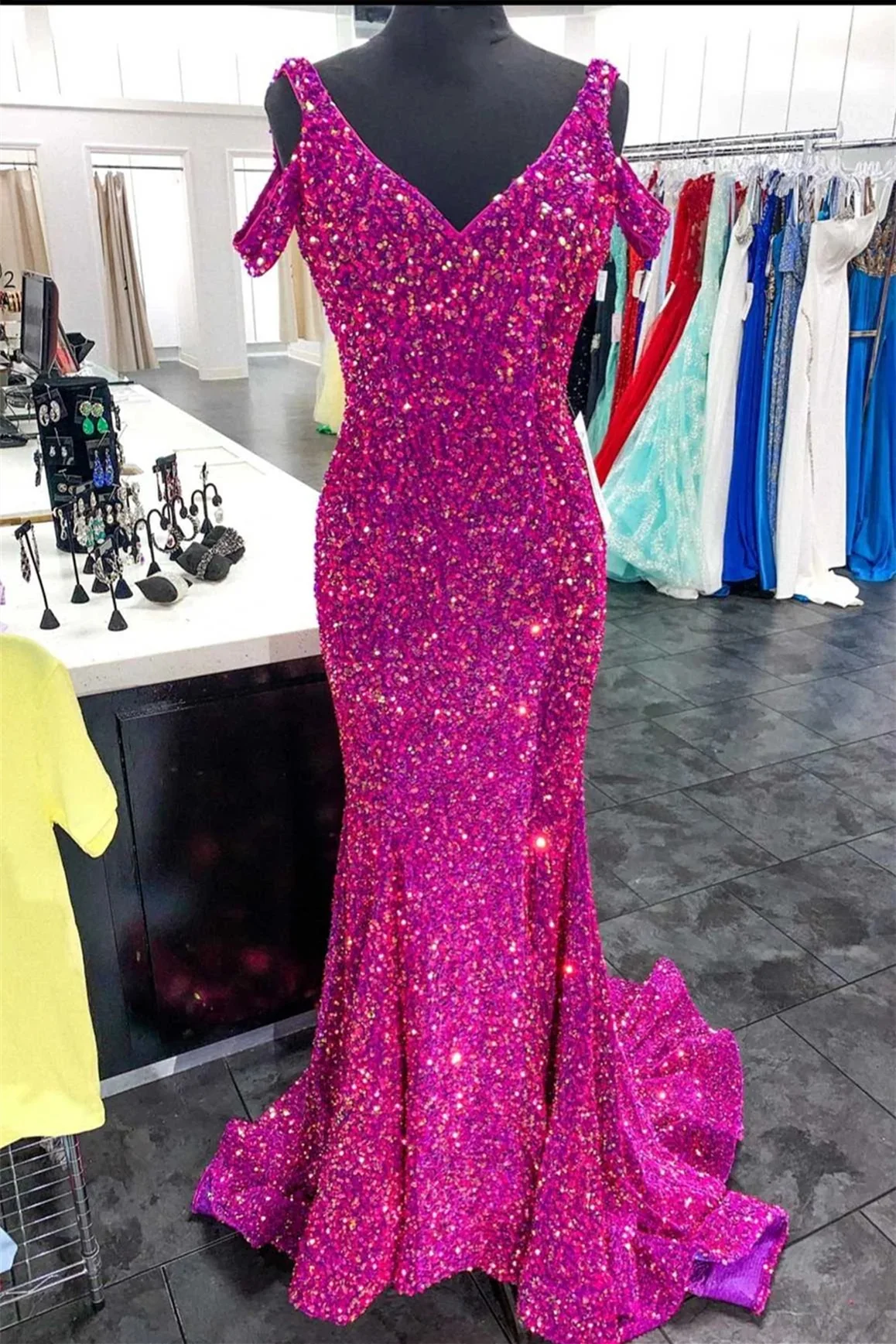 Fuchsia Off-the-Shoulder Sequins Mermaid Long Prom Dress,DP1227