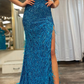 Blue One Shoulder Sequins Long Prom Dress with Feathers,DP1228