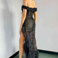 Black Off Shoulder Sequins Long Party Dress with Feather Hem,DP1230