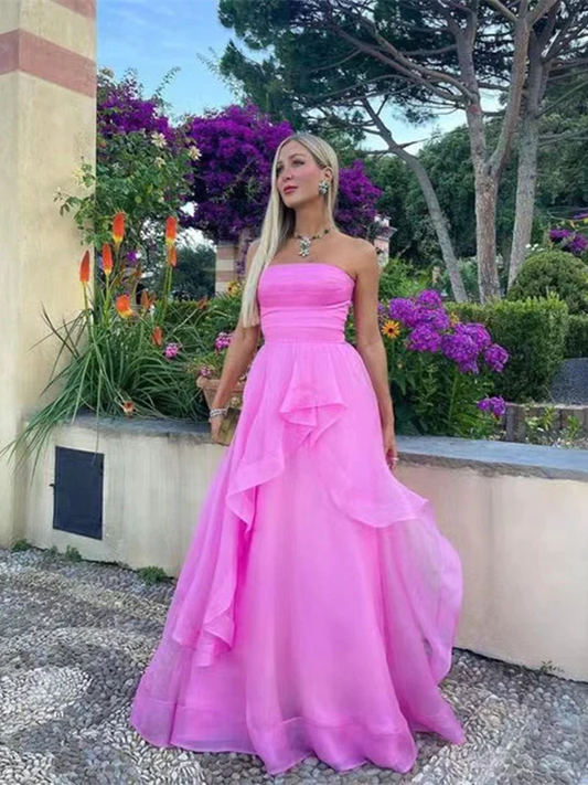 Pink Strapless A-line Tulle Long Prom Dress Wedding Guest Dress,DP1238