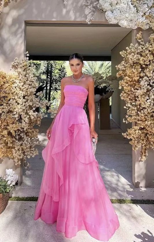 Pink Strapless A-line Tulle Long Prom Dress Wedding Guest Dress,DP1238